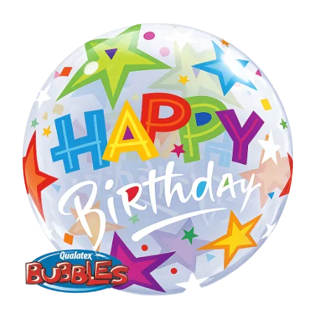 Transparenter Bubbles Ballon mit Happy-Birthday-Schriftzug und bunten Sternen