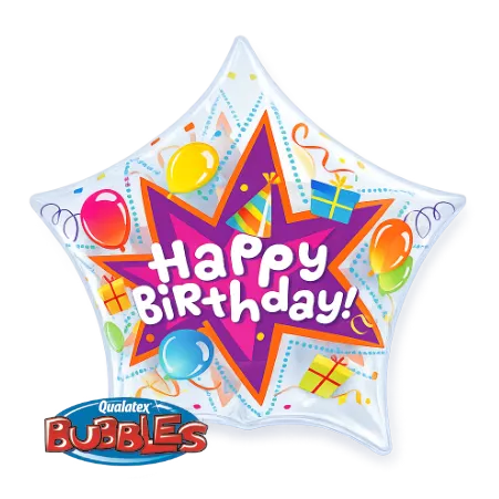 Transparenter sternförmiger Bubbles Ballon mit Happy-Birthday-Schriftzug