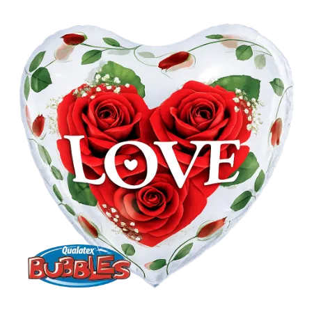 Transparenter herzförmiger Bubbles Ballon mit Love-Schriftzug und roten Rosen