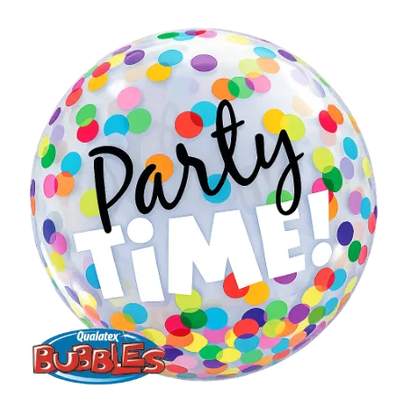 Transparenter Bubbles Ballon mit Party-Time-Schriftzug und buntem Konfetti