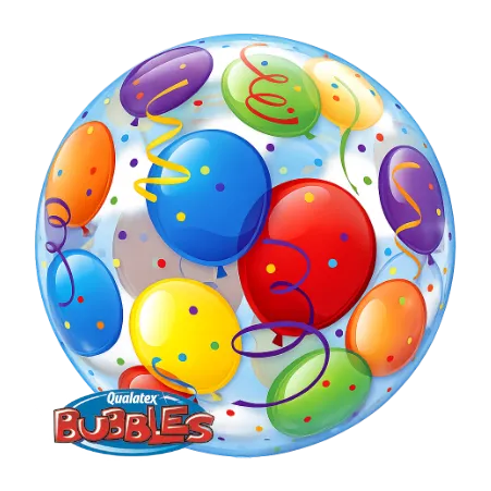 Transparenter Bubbles Ballon mit bunten Ballonmotiven, Konfetti und Luftschlangen