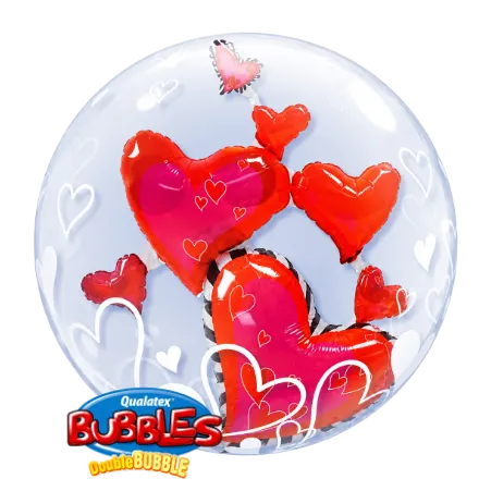 Transparenter Double Bubbles Ballon mit roten Herzballons und weißen Herzen