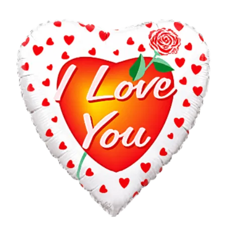 Herz-Folienballon mit I-Love-You-Schriftzug, Rose und kleinen Herzen